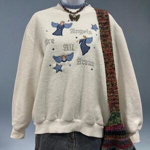 Vintage Embroidered Sweatshirt Cream Blue Angels Cozy Pullover Christmas Festive